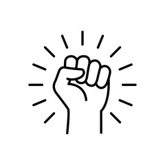 A powerful line art icon showing a raised fist surrounded by shining light rays. Denotes environmental activism, personal empowerment, motivation, driving change, and resilience. © srattha