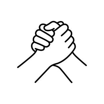 An outline icon depicting two hands joining together in a strong wrist clasp. Symbolizes team support, community unity, environmental partnership, mutual aid, and strength. 