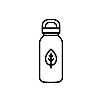 A sleek line icon of a reusable stainless steel water flask decorated with a leaf emblem. Denotes plastic-free living, hydration, zero-waste habits, and personal eco accessories.