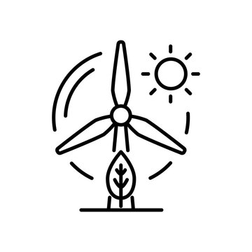 An outline icon displaying a three-blade wind turbine generating green power alongside a sun and leaf. Represents wind energy, renewable power sources, clean technology, and sustainability. 