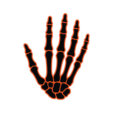 Premium minimalist Halloween skeleton hand icon with solid black bones and vivid orange outline flat geometric skeleton fingers isolated on transparent
