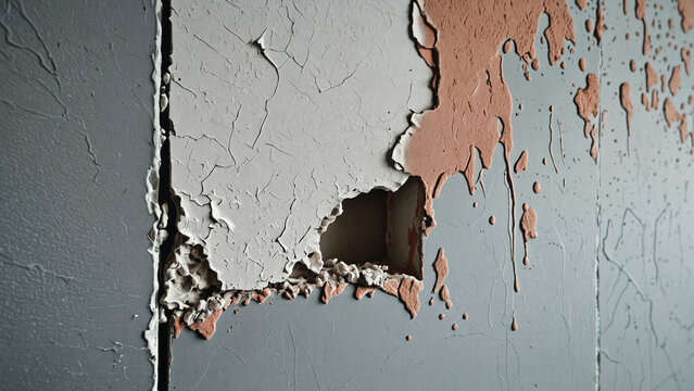 Macro close-up of a damaged cracked grey wall with peeling plaster and a hole exposing layers