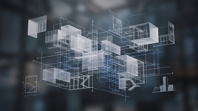 Abstract 3D architectural blueprint wireframe structure floating in space, building design concept, construction planning, engineering schematic, geometric shapes, technical dra...