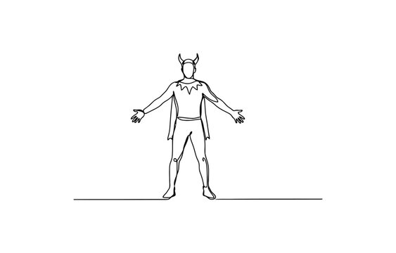 Continuous line drawing of a man dressed in a devil costume with horns and a cape standing with open arms