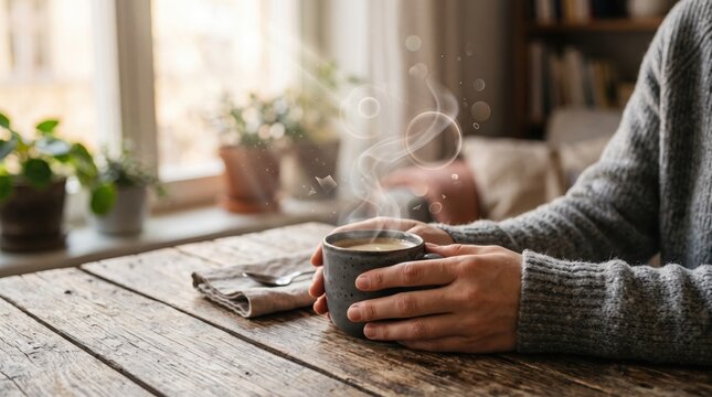 Cozy morning routine with steaming hot coffee cup in hands, rustic wooden table background, warm sunlight through window, hygge lifestyle concept, autumn or winter atmosphere, r...