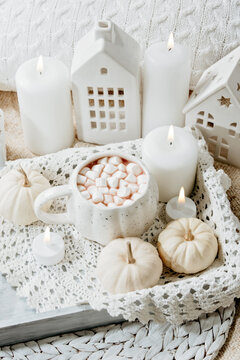 Cozy Autumn Hot Chocolate with Mini Pumpkins and Fall Decor Warm mug of hot chocolate with mini marshmallows, white pumpkins and home decor. Inviting autumn scene