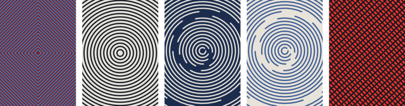 Abstract geometric pattern set with concentric circles, squares, and line art optical illusions for banner design, cover, and background