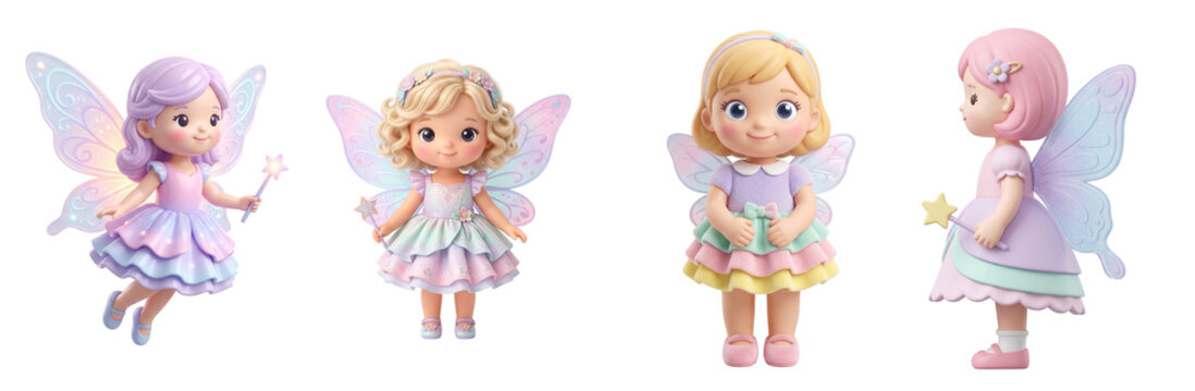 Cute whimsical fairy dolls featuring colorful pastel wings and magic wands depicted as charming 3D rendered characters on transparent background