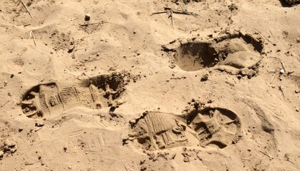 Obraz premium Human boot footprints left in dry soft sand.