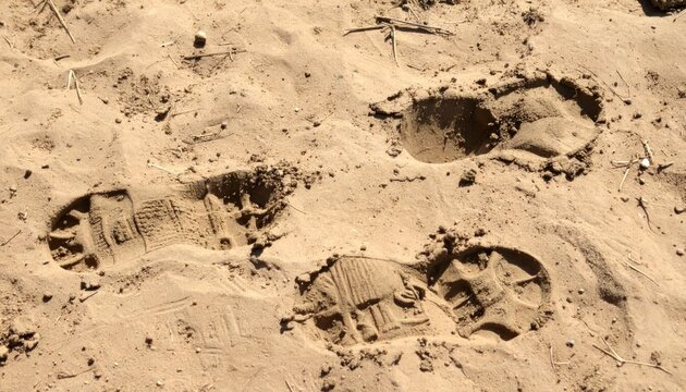 Human boot footprints left in dry soft sand.