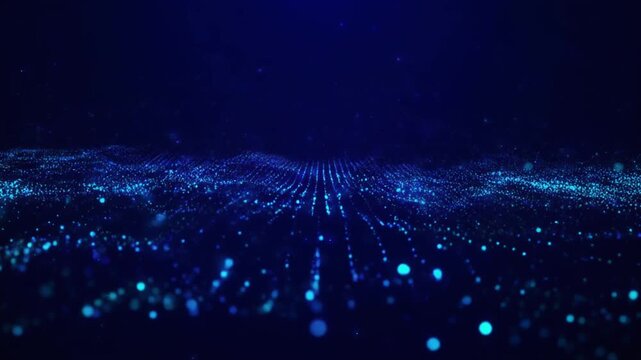 Abstract digital landscape of glowing blue particles flowing and shimmering in a dark futuristic cyberspace, symbolizing data, connectivity, and artificial intelligence