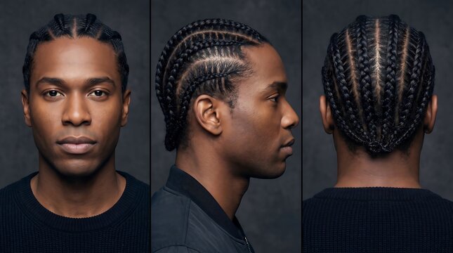 Multiple angles of handsome Black man with neat cornrows hairstyle on dark background