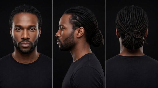 Multiple angles of handsome Black man with dreadlocks tied in a bun on dark black background