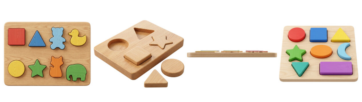 Wooden shape sorter puzzles for educational child play featuring colorful geometry blocks displayed from multiple angles view on transparent background