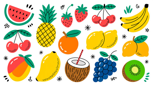 A Flat Cartoon Style Illustration Of Ten Tropical Fruits And Berries Including Pineapple Watermelon And Fresh Citrus Collection