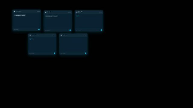 Digital Interface Showing Multiple Interactive Pop Up Windows on Dark Background.