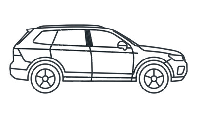 Fototapeta premium Minimalist line art icon of a modern suv seen from the side profile with clean geometric contours and monoline style isolated on white. Automotive transportation concept