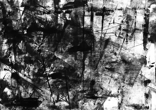 Distressed ink smudge and smear texture isolated on transparent background. Black grunge weathered backdrop overlay.