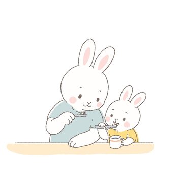 親子で歯磨きをするかわいいウサギのイラスト　虫歯予防・口腔ケア・健康習慣