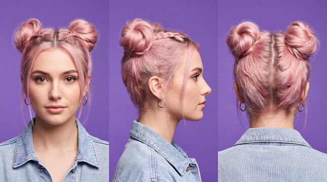 Multiple angles of young woman with pastel pink hair styled in braided space buns on purple background