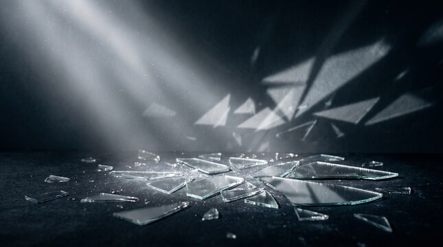 Dark shattered glass fragments with dramatic light rays breaking through