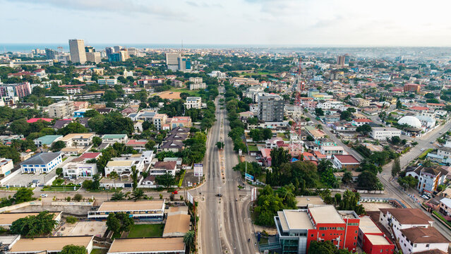 Accra Ghana cityscape with kanda highway dividing residential areas and commercial buildings