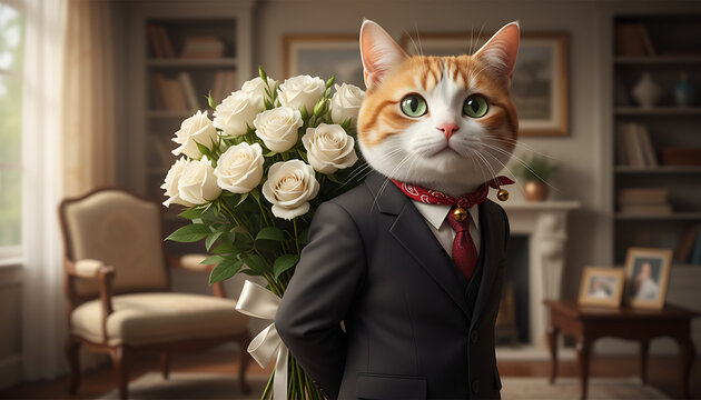 Personified cat gentleman hiding white roses bouquet behind back