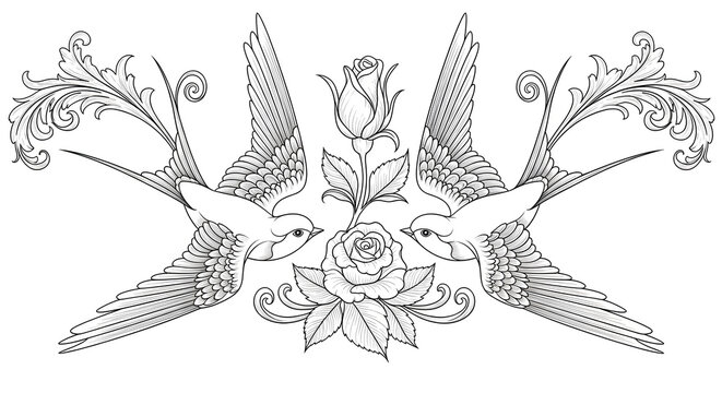 Elegant swallow tattoo design, art nouveau linework with organic curves