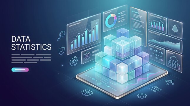 Interactive big data analytics dashboard showing complex financial statistics and glowing network cubes