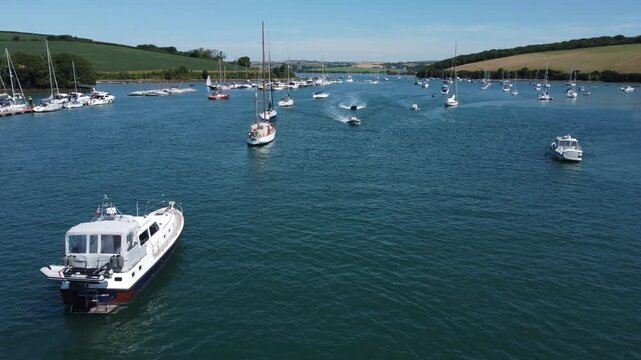 Aerial drone view of boats in The Bag, Salcombe Estuary, South Devon, England