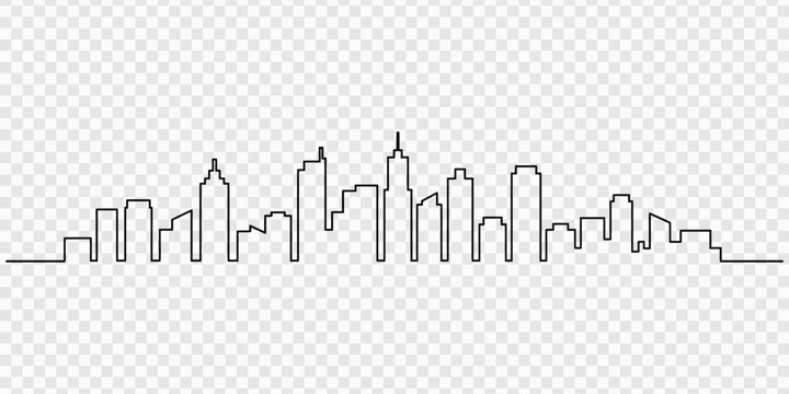 city skyline continuous one line drawing with famous landmarks, skyline nyc urban landscape continuous one line graphic, City skyline rising from continuous line on white background. No editable
