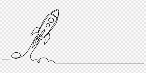 rocket ship continuous one line drawing, One line drawing of rocket ship launching upward with exhaust trails, Continuous one line drawing of a rocket ship launching into space with exhaust clouds © DESIGN LINE