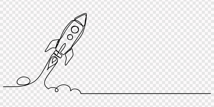 rocket ship continuous one line drawing, One line drawing of rocket ship launching upward with exhaust trails, Continuous one line drawing of a rocket ship launching into space with exhaust clouds
