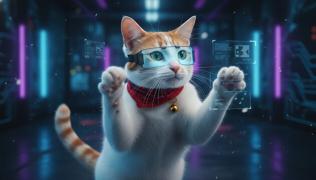 Cat wearing VR glasses interacting with digital interface