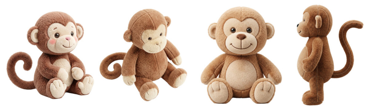 Four fluffy brown monkey plush toys posed in various cute sitting and standing positions isolated against a white on transparent background