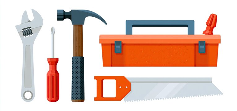 Essential carpentry tools including wrench, hammer, screwdriver, handsaw, and toolbox on a white background.