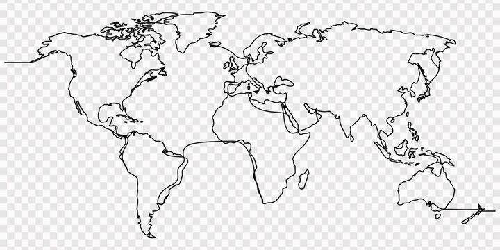 Earth globe continuous line drawing vector illustration world map one line art minimalist modern design concept, World map with earth continents in continuous one line drawing style