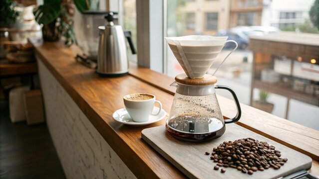 Pour over coffee maker with beans in cafe