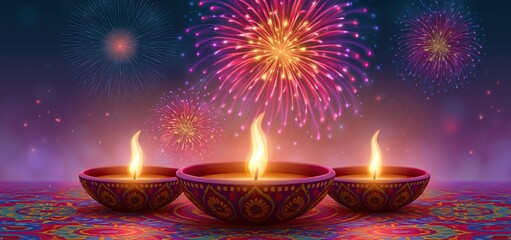 Obraz premium Festive Diwali greeting card with glowing lamps, vibrant fireworks, and colorful patterns for celebrations.