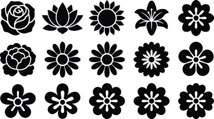 Obraz premium Collection of fifteen black silhouette featuring various flower shapes including roses, lotuses, sunflowers, and other floral patterns