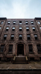Fototapeta premium Old Brick Apartment Building Entrance on Quiet Rainy Urban Street