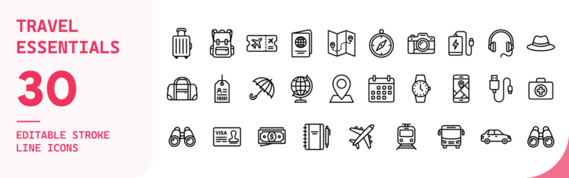Travel essentials icon set for vacation planning with vacation adventure exploration passport airplane navigation destination suitcase transportation sightseeing location backpack