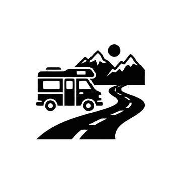 RV Camper Van Driving on Winding Road Through Mountains.
