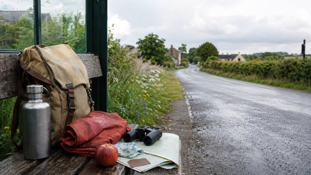 Sustainable travel kit waiting at a rural bus stop
