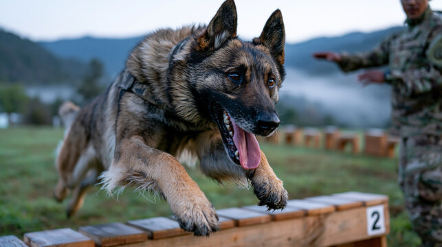 A military working dog mid-leap over a wooden obstacle course barrier, uniformed handler gesturing from a marked position on a training field, early morning mist clinging to the grass, a row of hurd