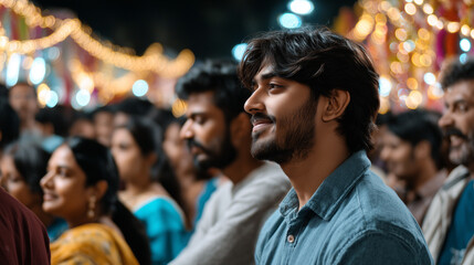 Obraz premium Young man enjoying the vibrant and festive spirit of Dussehra celebration in a crowded public gathering with warm golden fairy lights