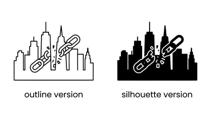 Fototapeta premium Broken Chain Over Cityscape: A symbolic representation of a broken chain overlaying a city skyline, depicted in both outline and silhouette styles, suggesting themes of freedom or disruption.