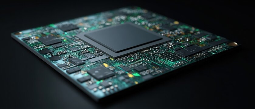 Close up of modern computer microchip on circuit board with dark background and copy space for technology branding and advertising concepts.