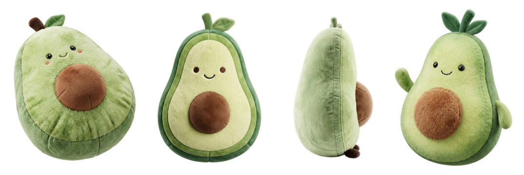 Cute plush avocado toys showing various angles and expressive faces featured as soft cuddly children items on transparent background