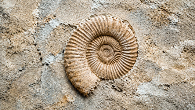 Close-up of an ancient ammonite fossil embedded in rough rock. Prehistoric marine invertebrate shell with ribbed spiral pattern. Paleontology and geology background
